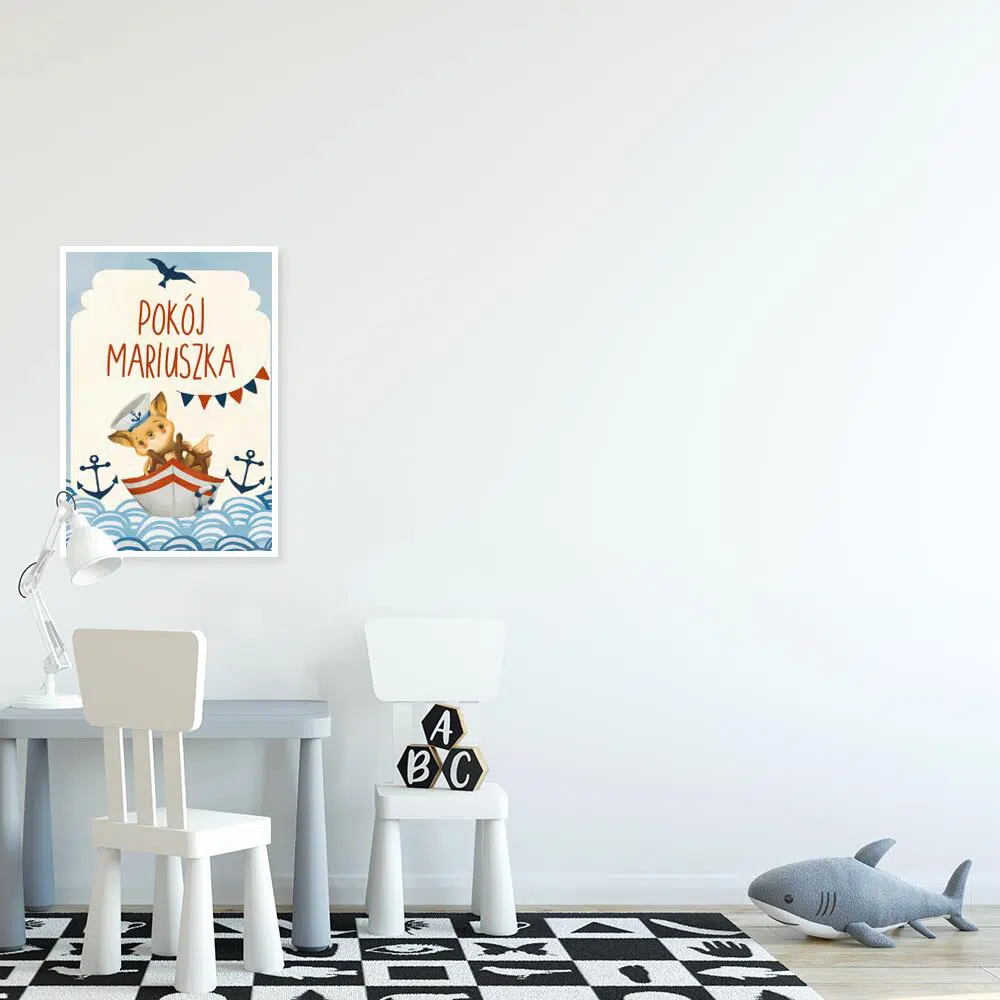 Niebieski plakat imienny z lisem