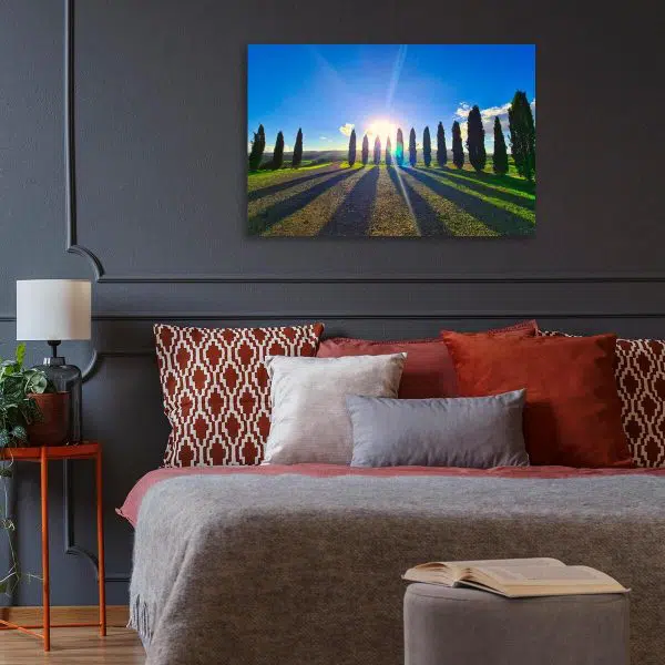 Obraz zachód słońca i rząd cyprysów