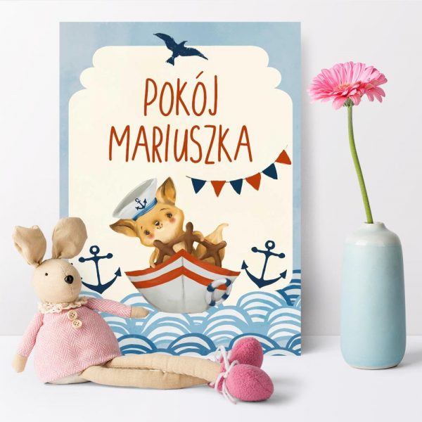 Niebieski plakat imienny ze statkiem