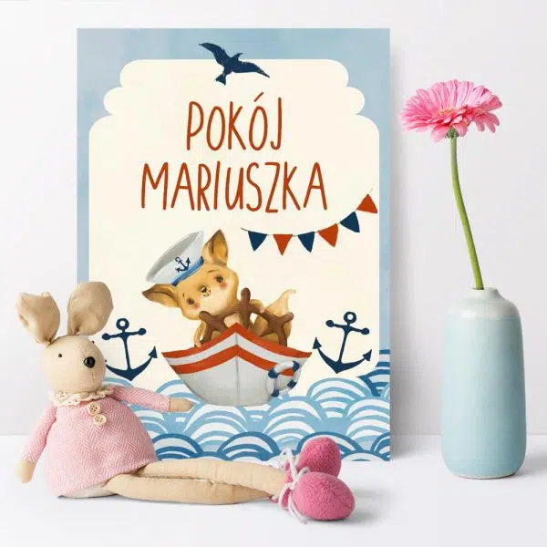 Niebieski plakat imienny ze statkiem