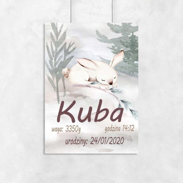 Plakat do pokoju dziecka - Metryczka z królikiem