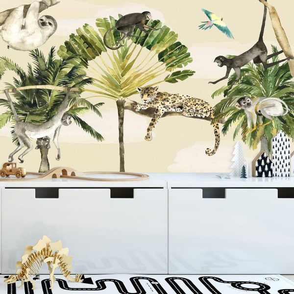 dzikie zwierzęta na kolorowej tapecie do pokoju dziecka