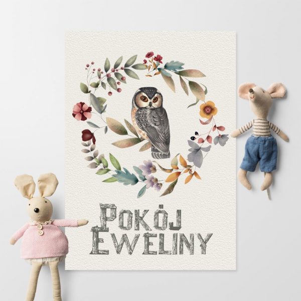 Plakat z sówką i napisem pokój Eweliny
