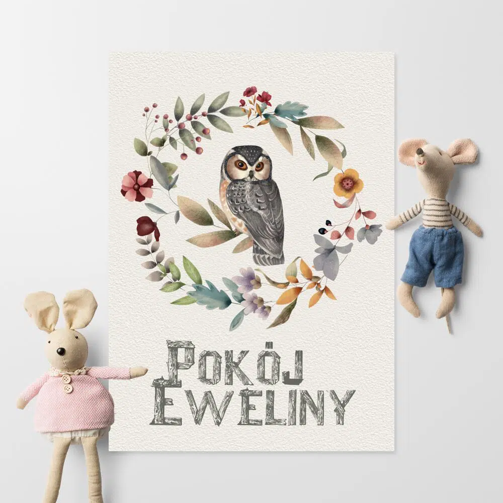 Plakat z sówką i napisem pokój Eweliny