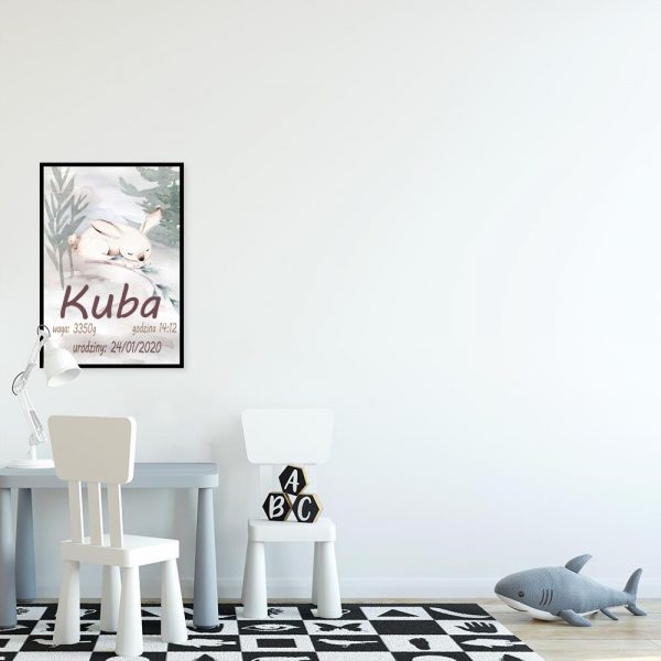 Plakat dla dziewczynki - Metryczka z królikiem