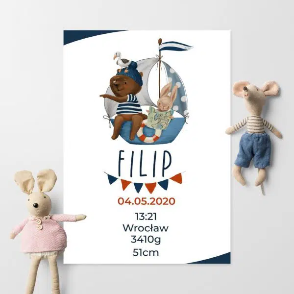 Niedźwiadek na statku - Plakat z metryczką