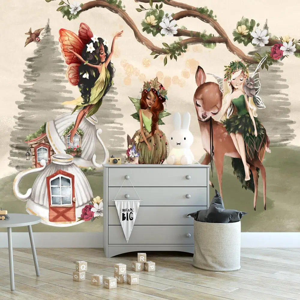 Trzy leśne nimfy i zwierzątka - fototapeta dla dzieci