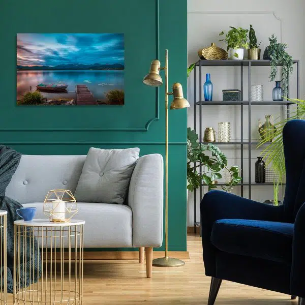 Obraz chmury nad jeziorem o zachodzie słońca