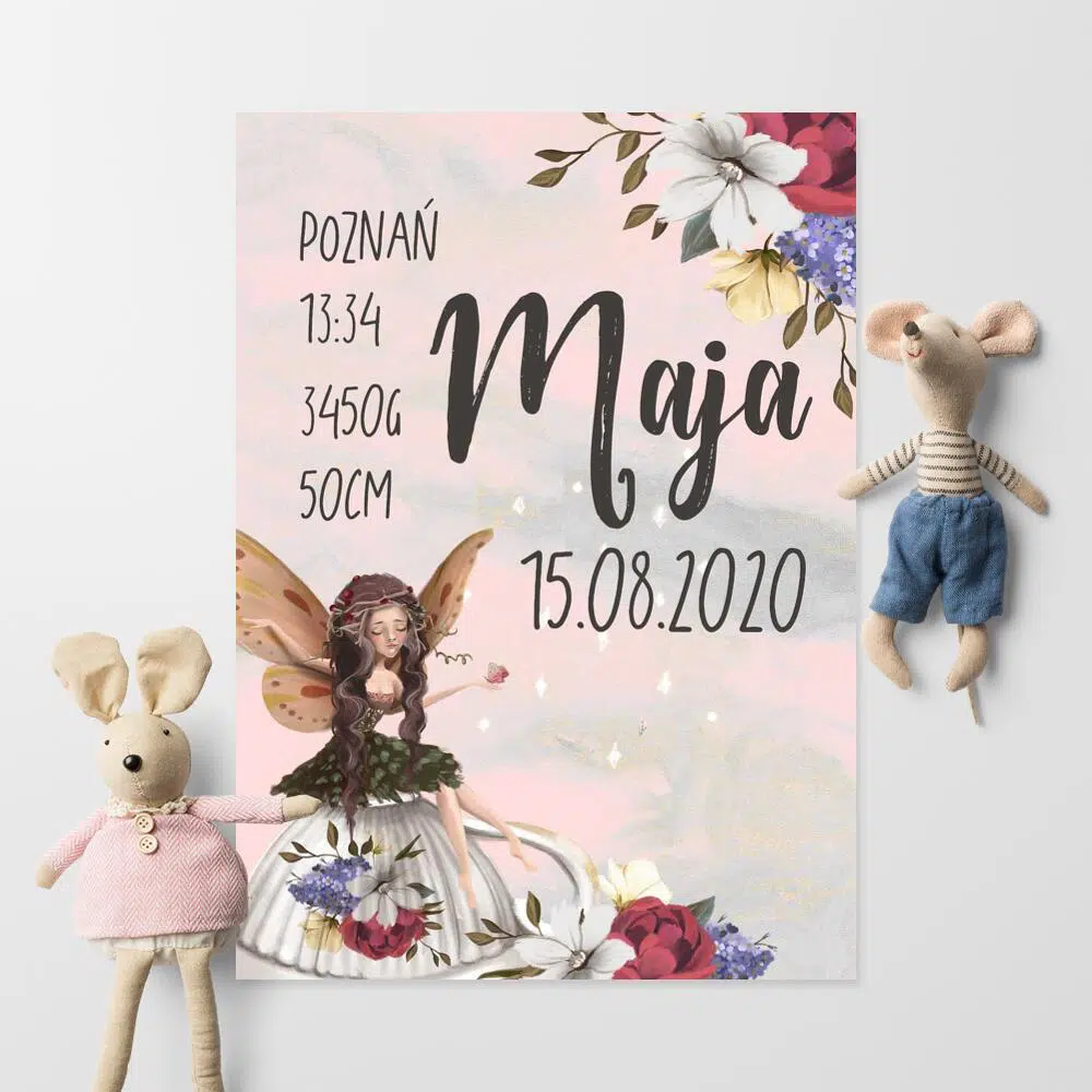 Plakat imienny z leśną wróżką dla dzieci