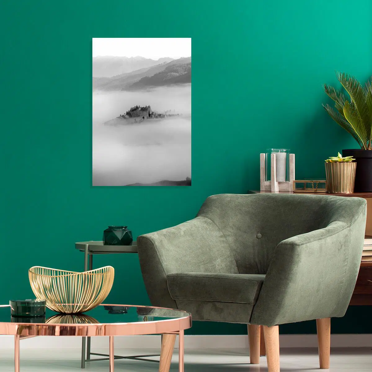 Czarno-biały obraz z górskim krajobrazem do salonu