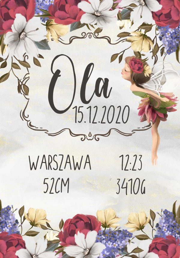 Dziewczęcy plakat z metryczką - Kwiaty