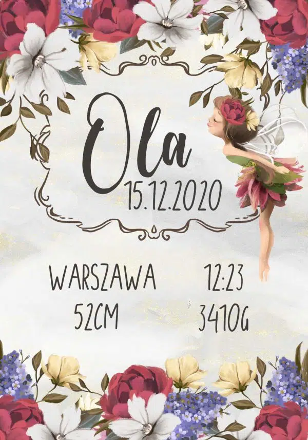 Dziewczęcy plakat z metryczką - Kwiaty