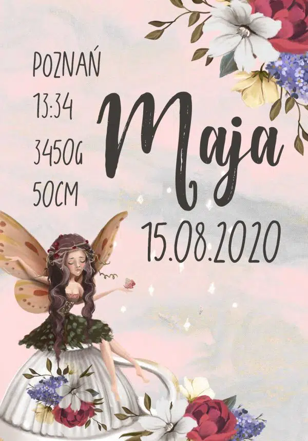 Plakat- Metryczka dla dziewczynek z wróżką