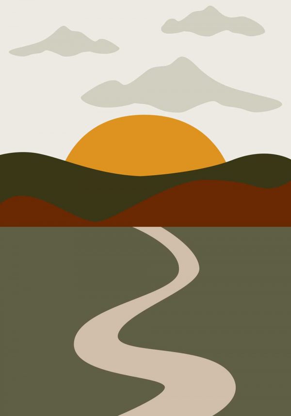 Plakat z drogą i zachodem słońca