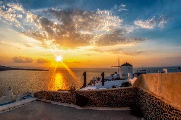 Obraz z zachodem słońca na Santorini