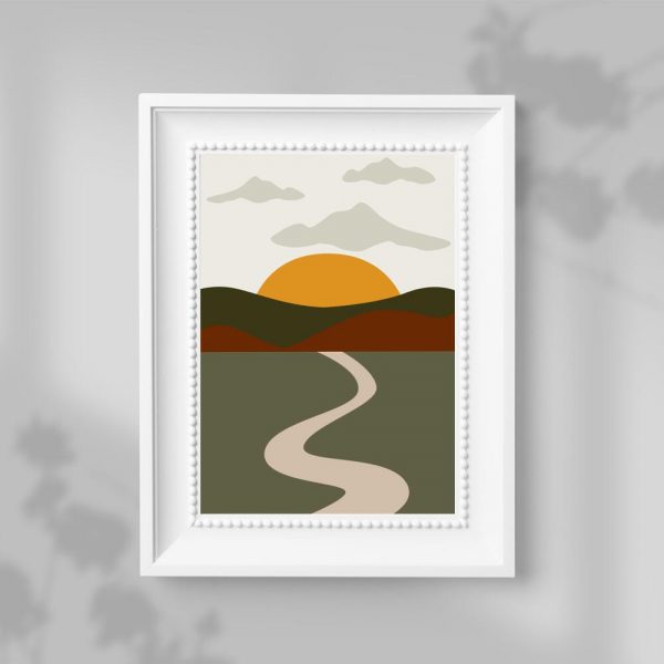 Plakat w zieleni z drogą i słońcem