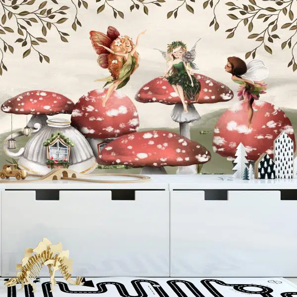 Trzy wróżki w leśnej wiosce - fototapeta dla dzieci