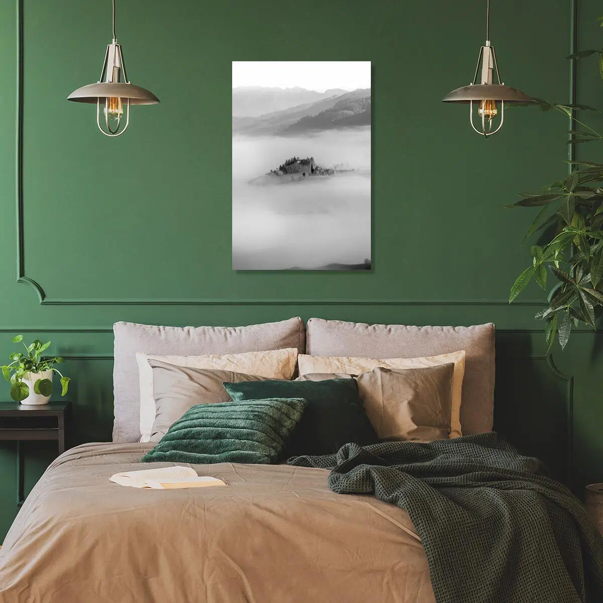 Czarno-biały obraz z górskim krajobrazem do sypialni