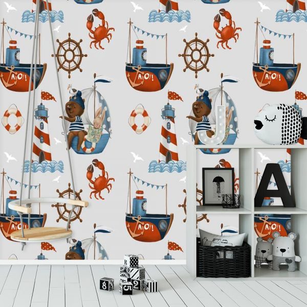 Żeglujący miś i króliczek - fototapeta