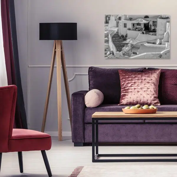 Szary obraz z motywem zabudowań na Santorini do salonu