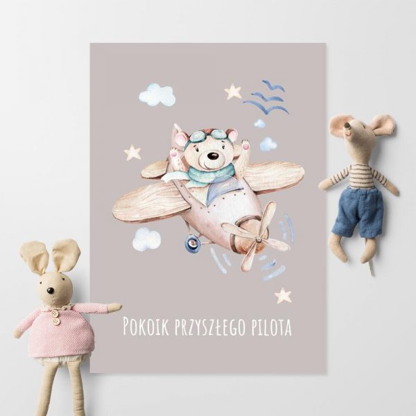 Plakat dziecięcy z misiem w samolocie do pokoju przedszkolaka