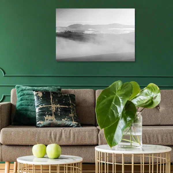 Czarno-biały obraz z pejzażem do sypialni