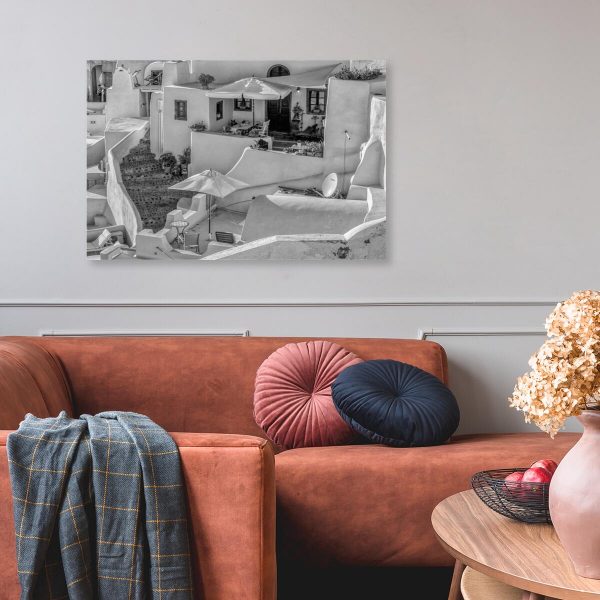 Szary obraz z motywem zabudowań na Santorini do pokoju