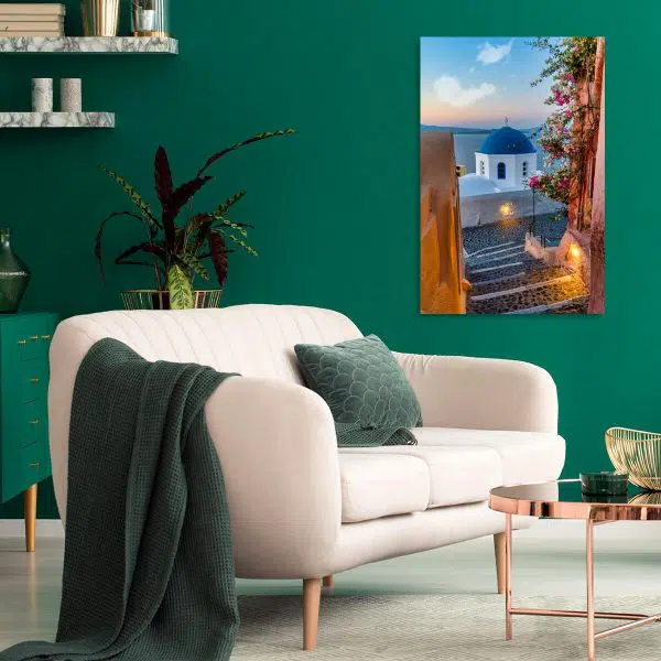 Kolorowy obraz z romantycznym widokiem - Santorini do sypialni