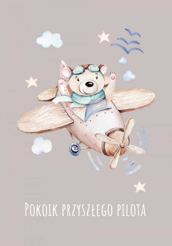 Plakat dziecięcy z misiem w samolocie