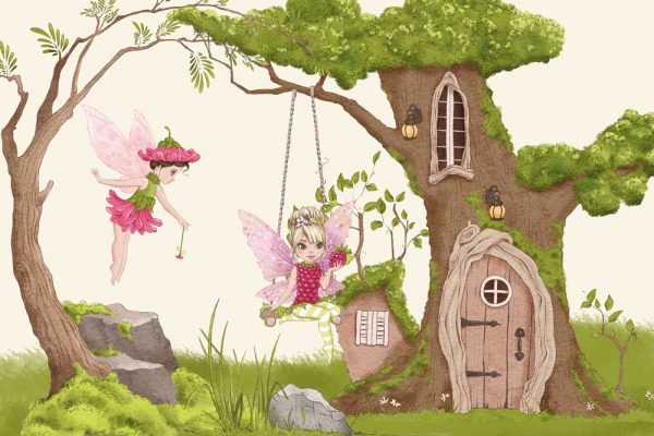 Fototapeta z domkiem w drzewie i wróżkami