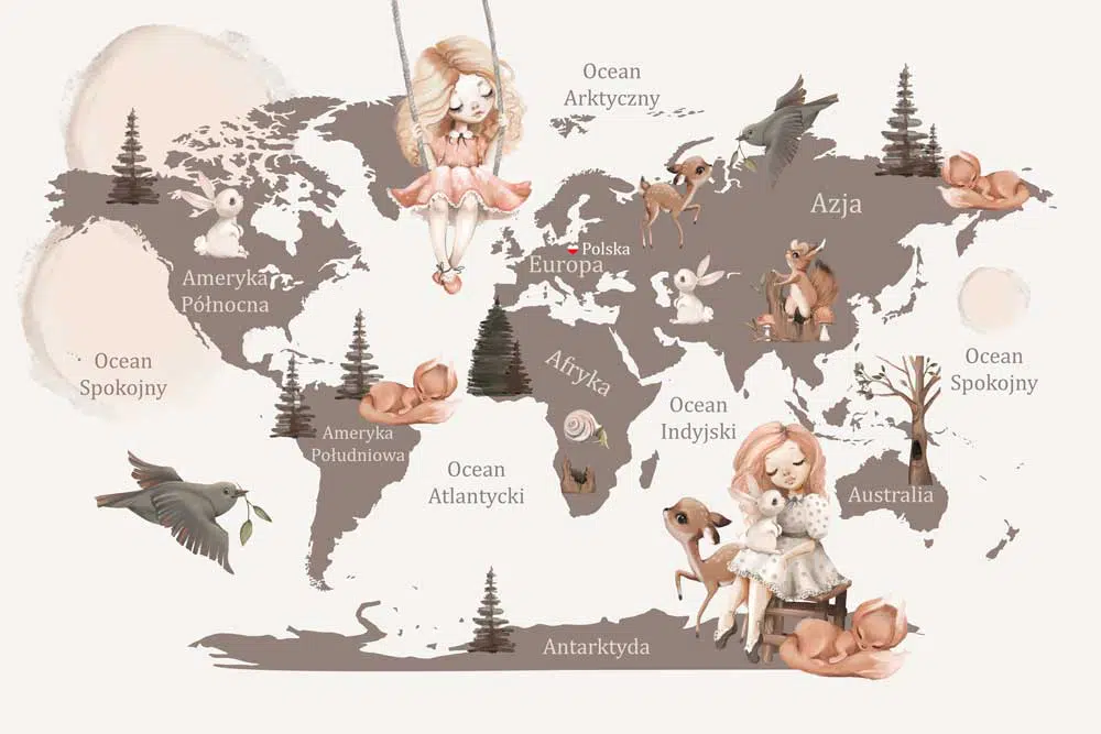 Fototapeta z mapa świata i zwierzętami