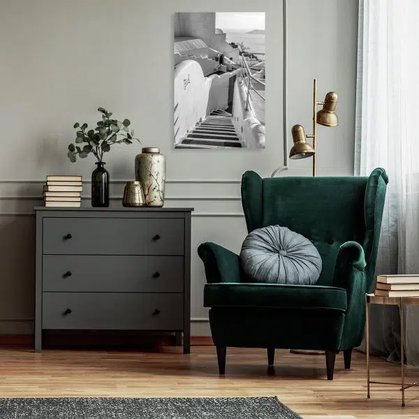 Czarno-biały obraz z widokiem z Santorini do gabinetu