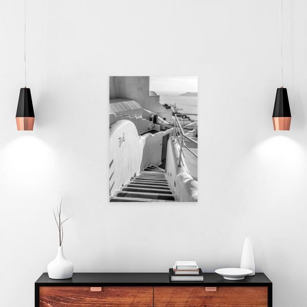 Czarno-biały obraz z widokiem z Santorini do dekoracji jadalni