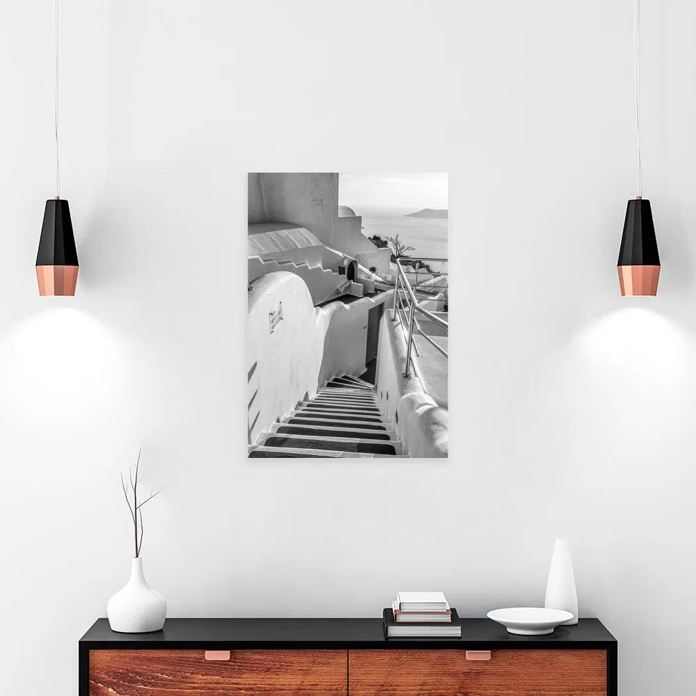 Czarno-biały obraz z widokiem z Santorini do dekoracji jadalni