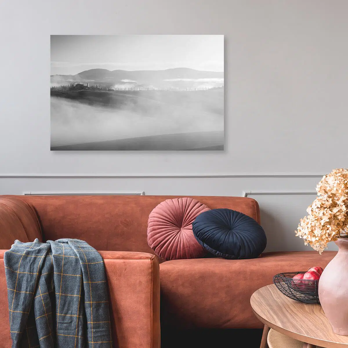 Czarno-biały obraz z pejzażem do salonu