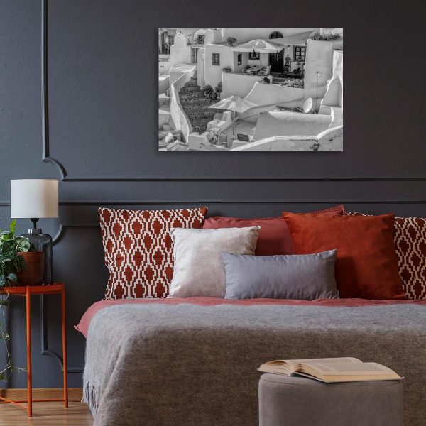 Szary obraz z motywem zabudowań na Santorini do sypialni