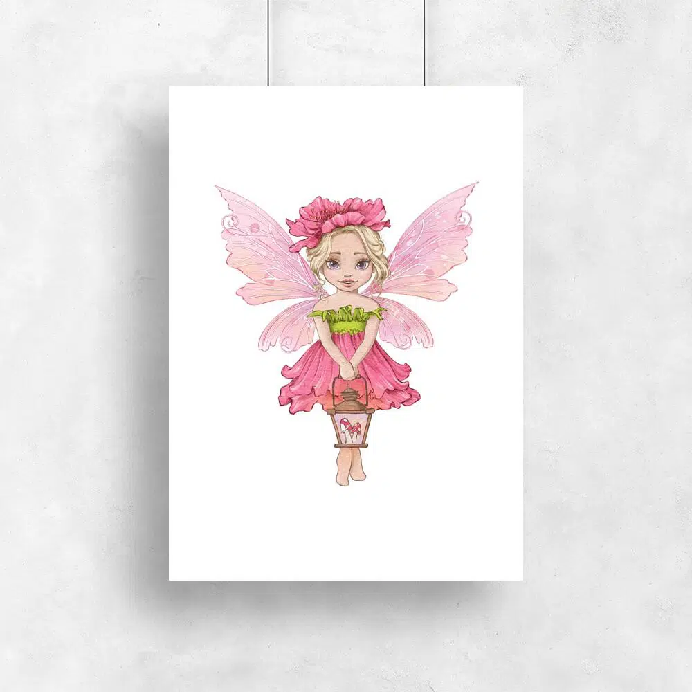 Plakat dla dziewczynki z różową wróżką nad łóżeczko