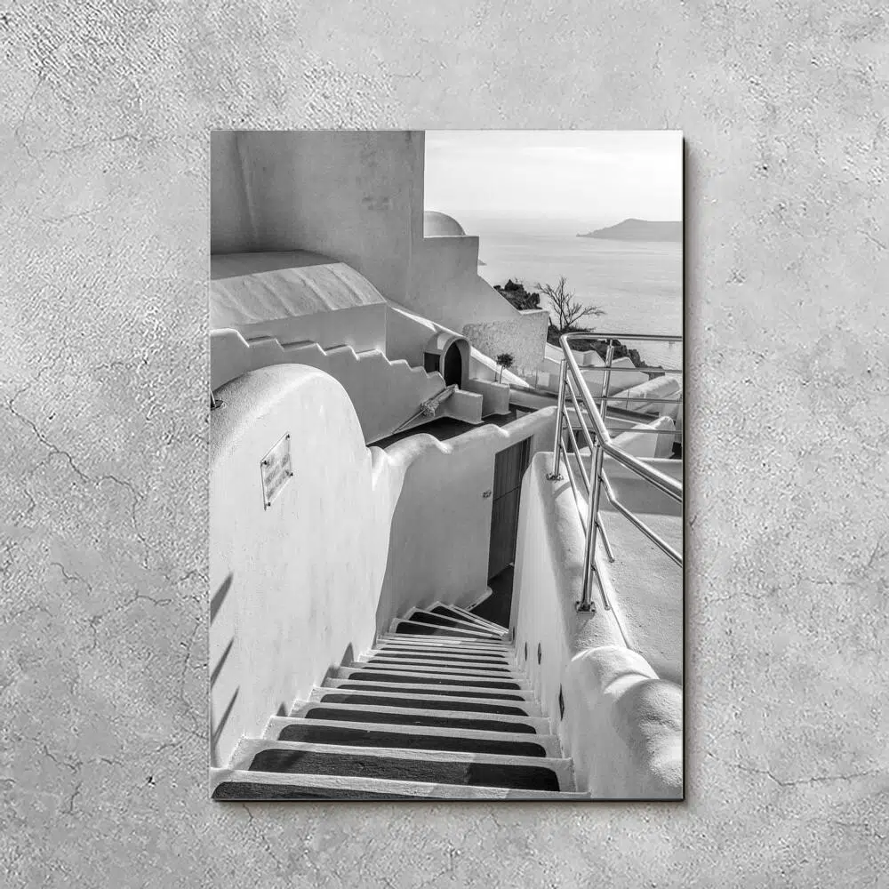 Czarno-biały obraz z widokiem z Santorini do sypialni