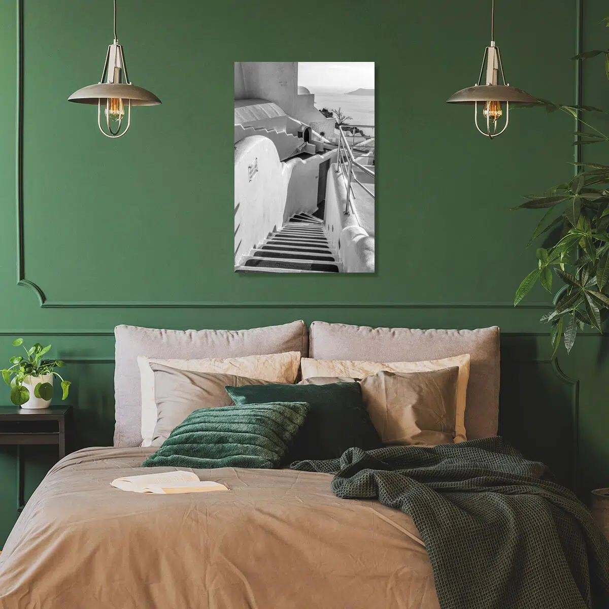 Czarno-biały obraz z widokiem z Santorini do salonu