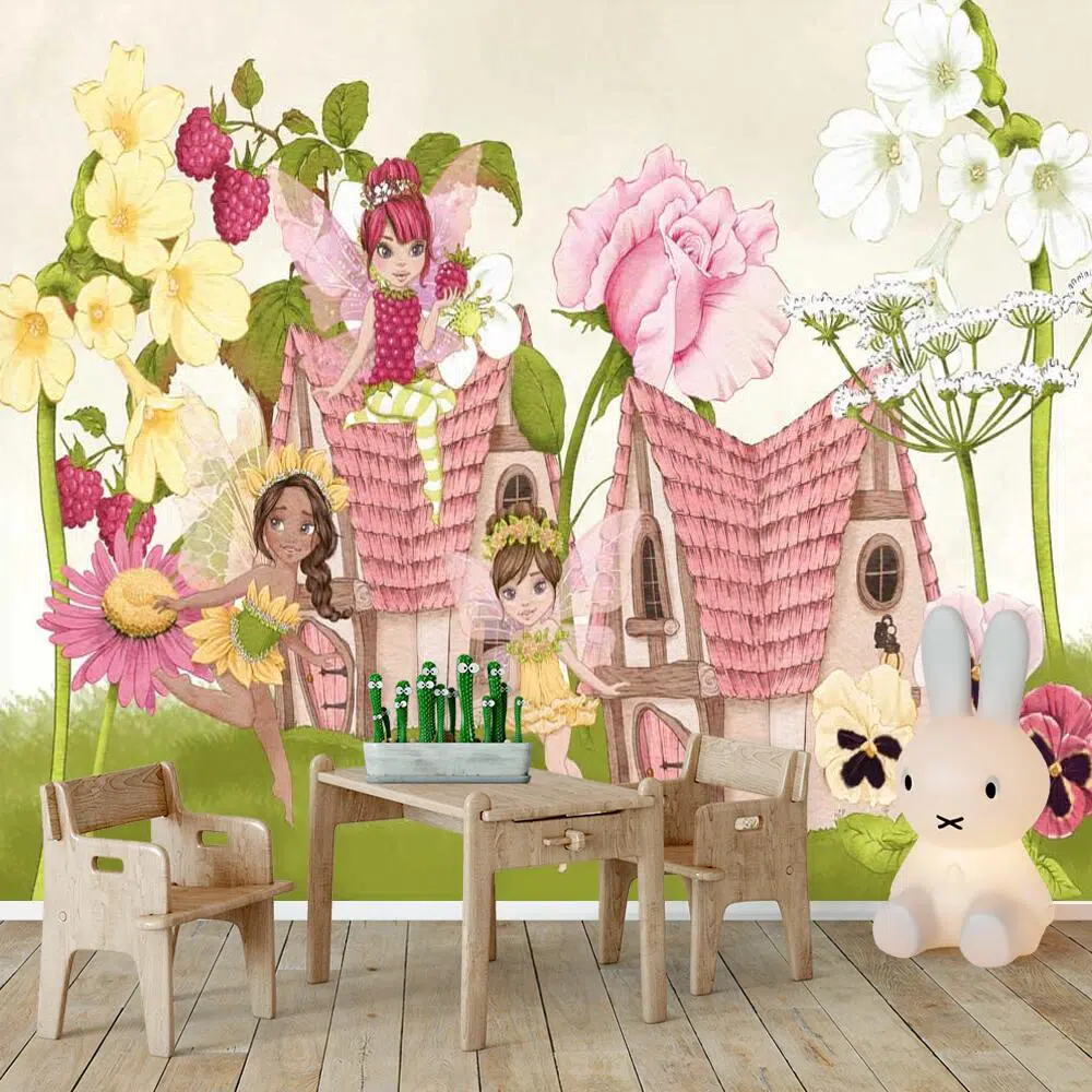 Tapeta domki wśród kwiatów