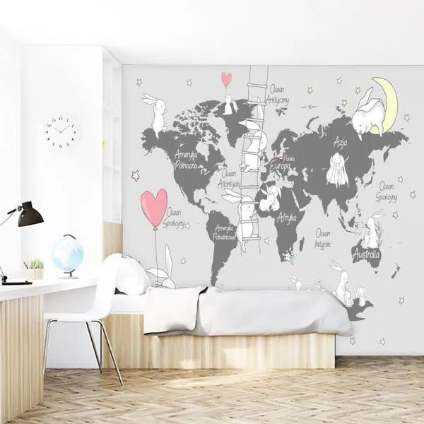 Foto-tapeta z motywem mapy i króliczków