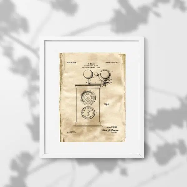 Plakat z rysunkiem patentowym zegara astronomicznego do gabinetu