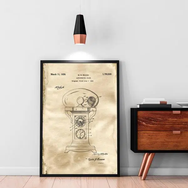 Plakat z rysunkiem patentowym zegara astronomicznego do szkoły