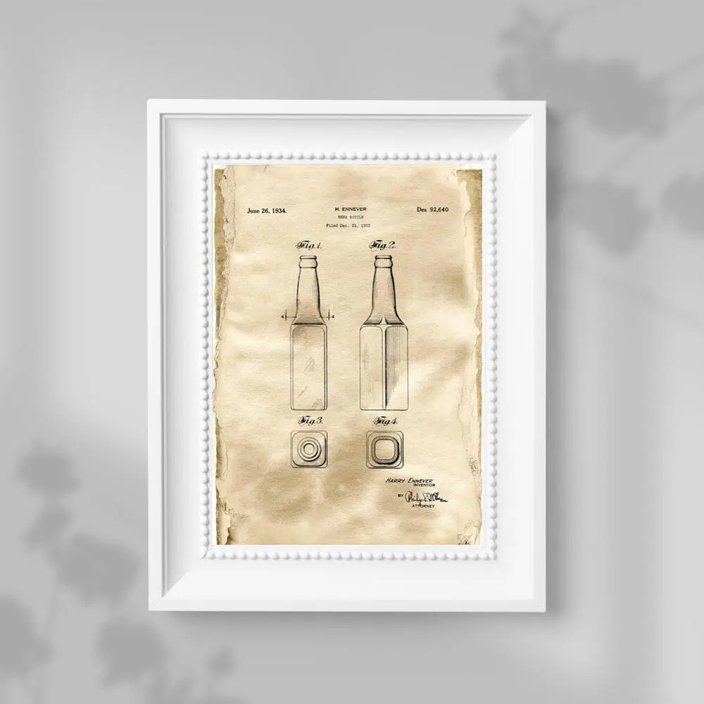 Plakat retro z patentem na kwadratową butelkę do piwa