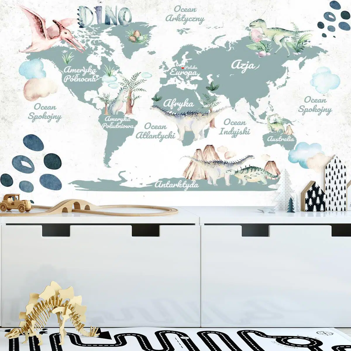 Fototapeta z motywem mapy i dinozaurów
