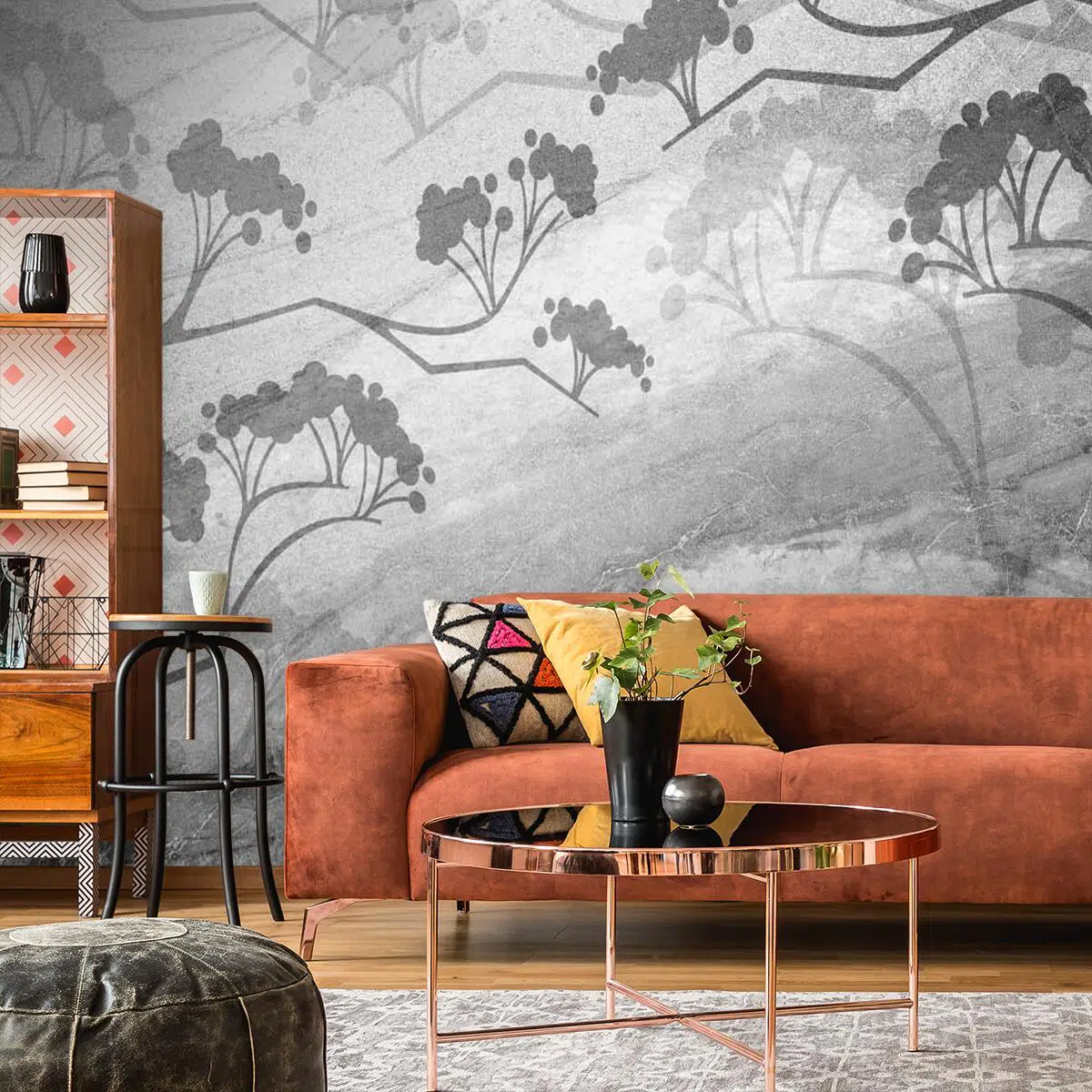 Foto-tapeta z motywem gałęzi na szarym tle betonu