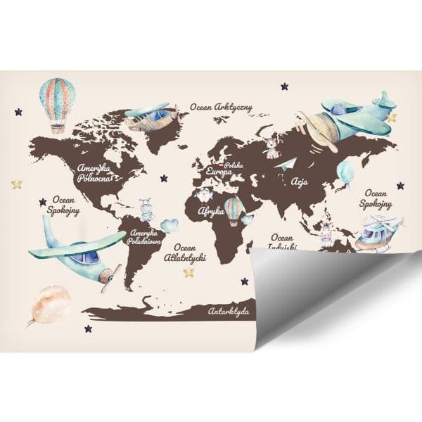 Tapeta dla dzieci z mapą świata i samolotów