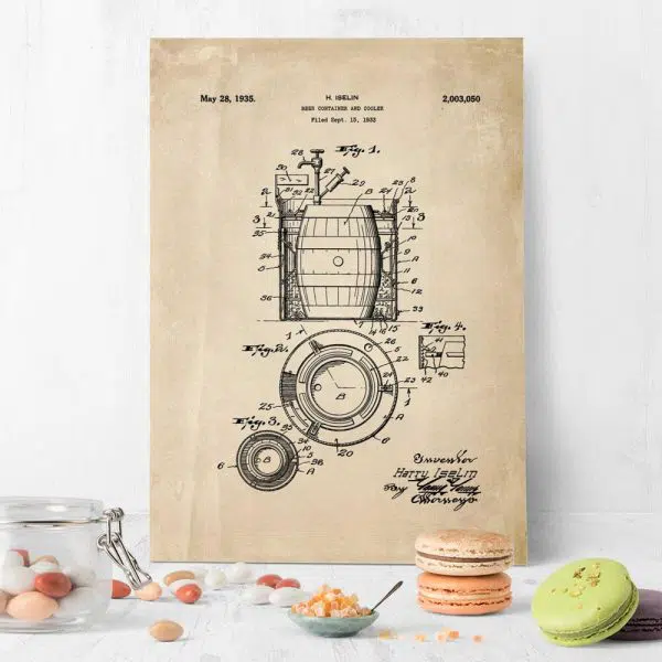 Plakat w sepii z patentem na beczkę do piwa