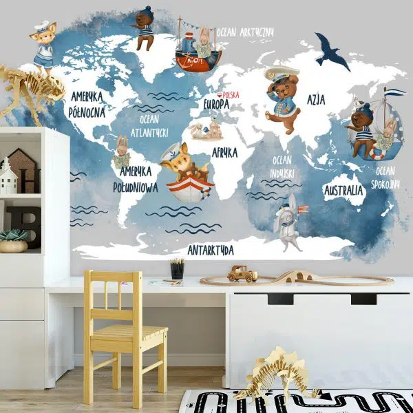 Niebieska fototapeta dla dzieci z mapą