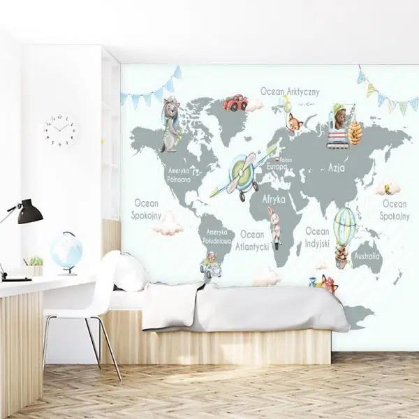 Fototapeta dla dzieci - mapa i zwierzątka